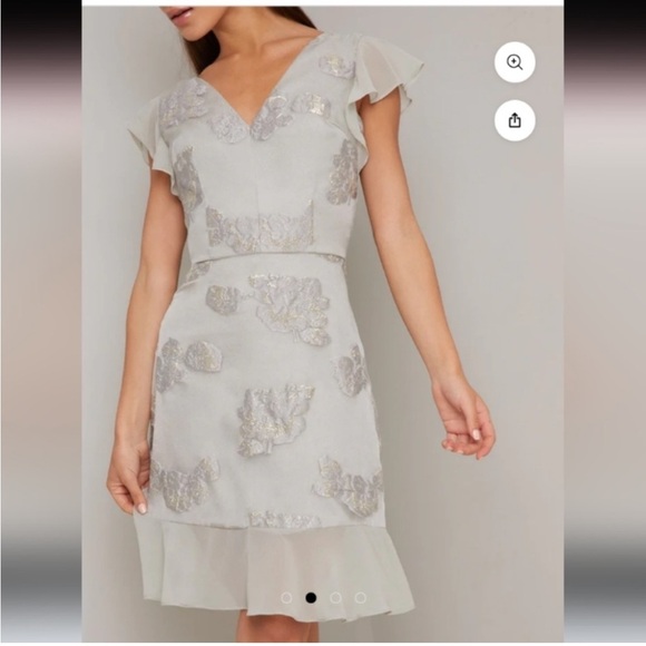 Clemmie Jacquard Metallic Frill Detail Dress In Silver Size 6 - Picture 2 of 9